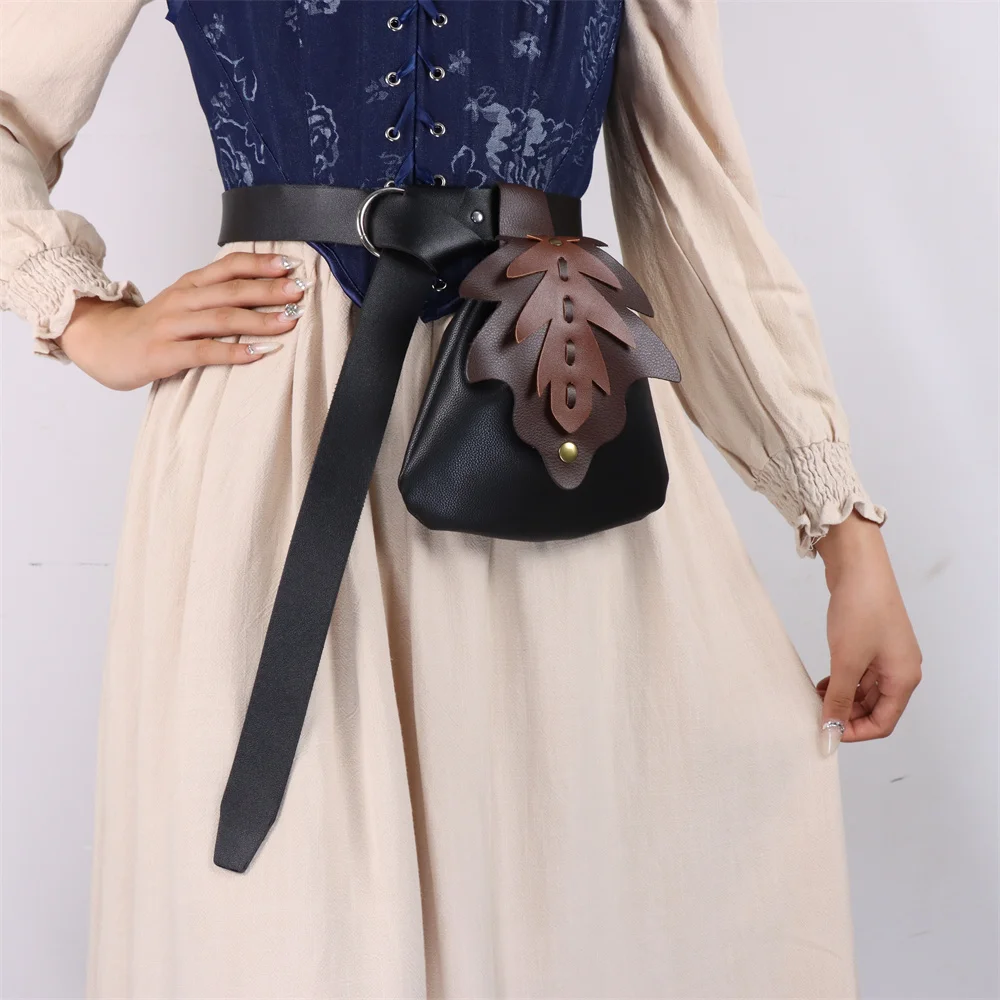 UYEE Medieval Belt Elf Leaf Waist Bag Renaissance Belt Cosplay Copper Coin Waist Bag Skirt Buckle Prop Leather Belt Halloween
