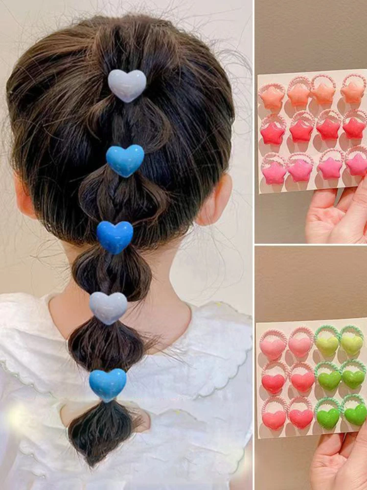 12PCS Candy Colored Heart-shaped Lovely Girls Elastic Hair Bands Princess Hair Accessories Children Hair Ties Baby Headwear