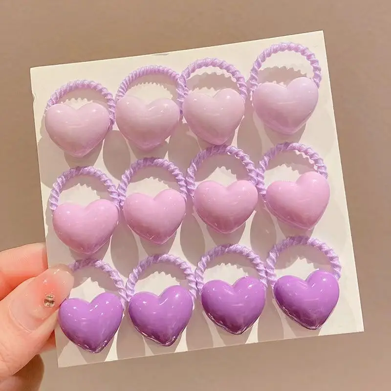 12PCS Candy Colored Heart-shaped Lovely Girls Elastic Hair Bands Princess Hair Accessories Children Hair Ties Baby Headwear