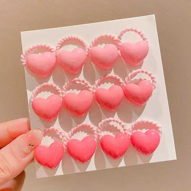 12PCS Candy Colored Heart-shaped Lovely Girls Elastic Hair Bands Princess Hair Accessories Children Hair Ties Baby Headwear