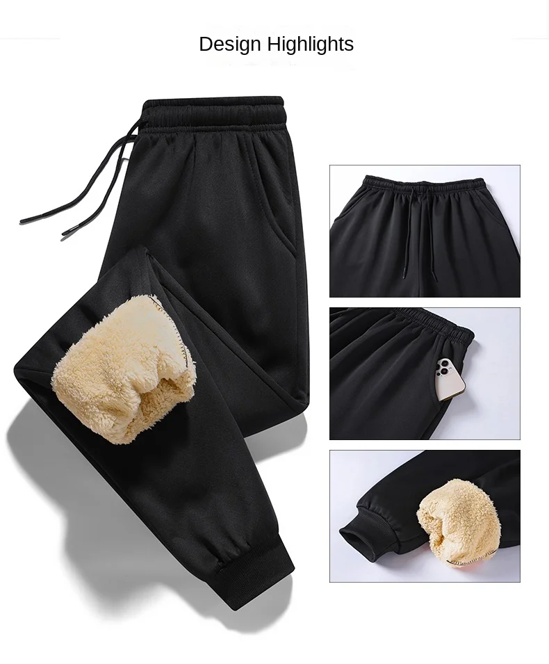 Pants for men in autumn and winter, thickened with fleece for outerwear, casual pants, warm lamb wool sports sweatpants