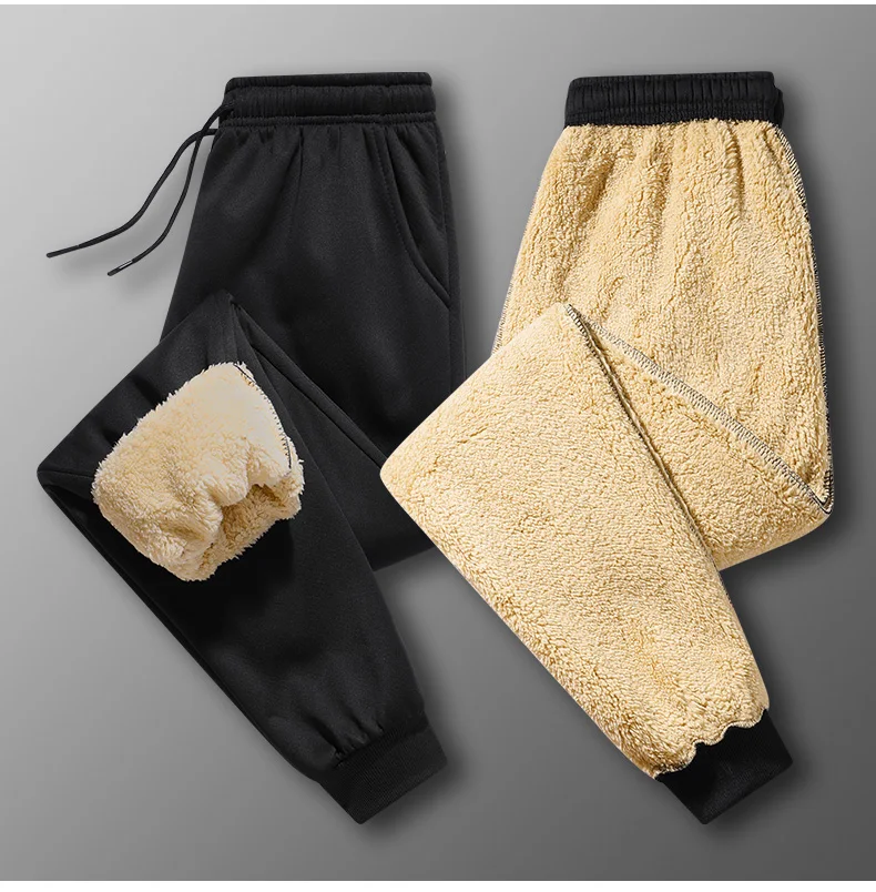 Pants for men in autumn and winter, thickened with fleece for outerwear, casual pants, warm lamb wool sports sweatpants