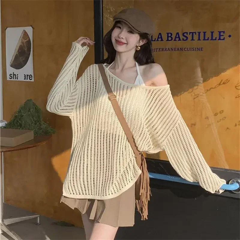 Y2K Hollow Out Crop Top Knitted Retro Long Sleeve T Shirt Women Summer Sun Protection Breathable Cardigans Patched Tee