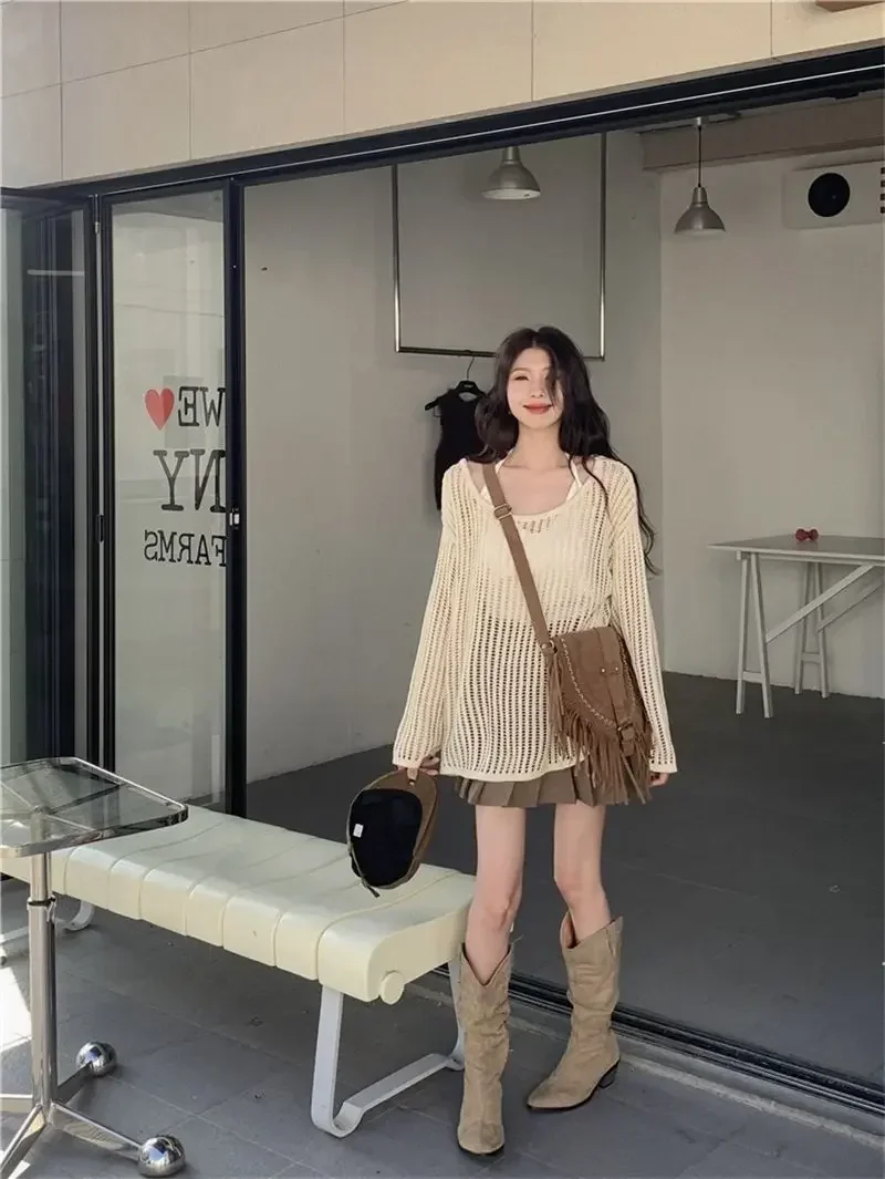 Y2K Hollow Out Crop Top Knitted Retro Long Sleeve T Shirt Women Summer Sun Protection Breathable Cardigans Patched Tee