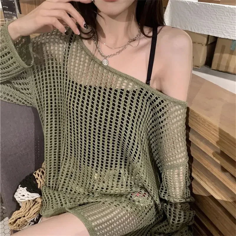 Y2K Hollow Out Crop Top Knitted Retro Long Sleeve T Shirt Women Summer Sun Protection Breathable Cardigans Patched Tee