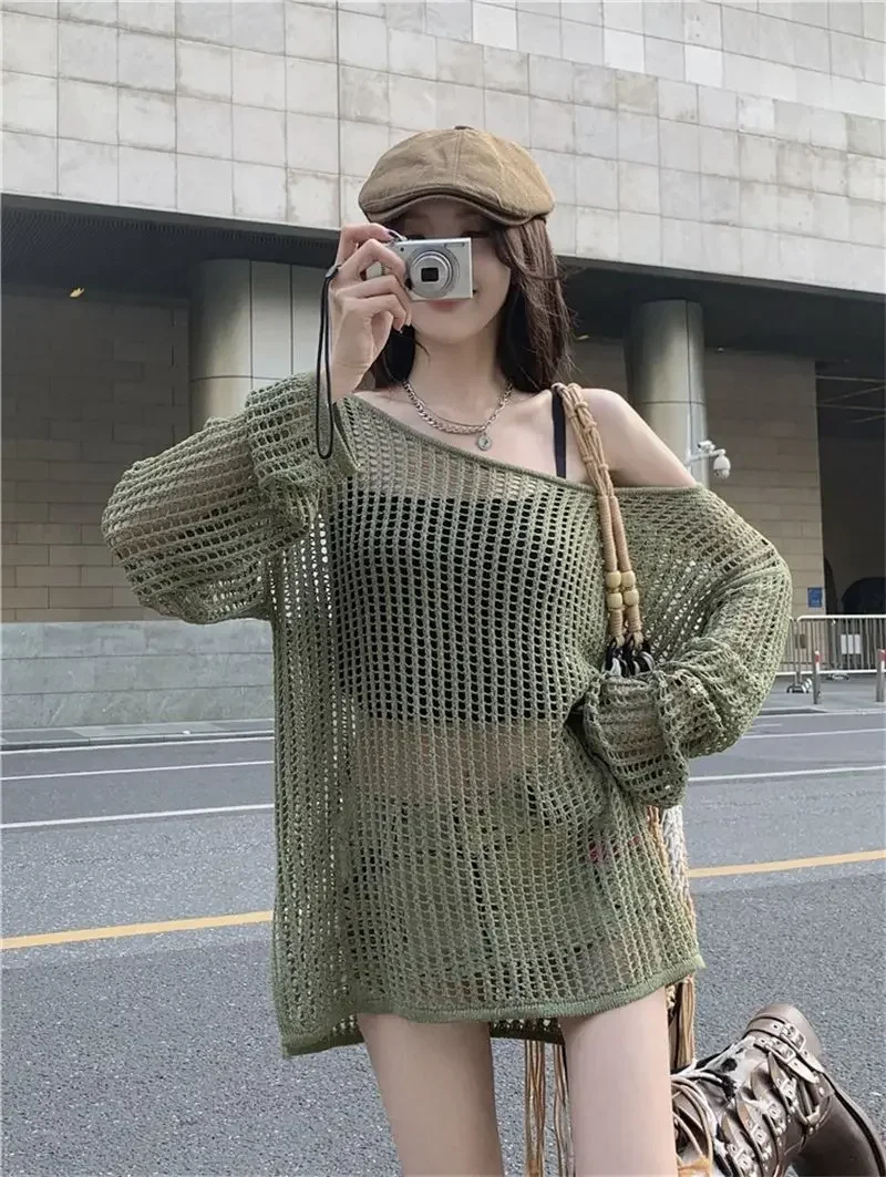 Y2K Hollow Out Crop Top Knitted Retro Long Sleeve T Shirt Women Summer Sun Protection Breathable Cardigans Patched Tee