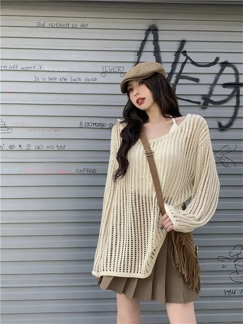 Y2K Hollow Out Crop Top Knitted Retro Long Sleeve T Shirt Women Summer Sun Protection Breathable Cardigans Patched Tee