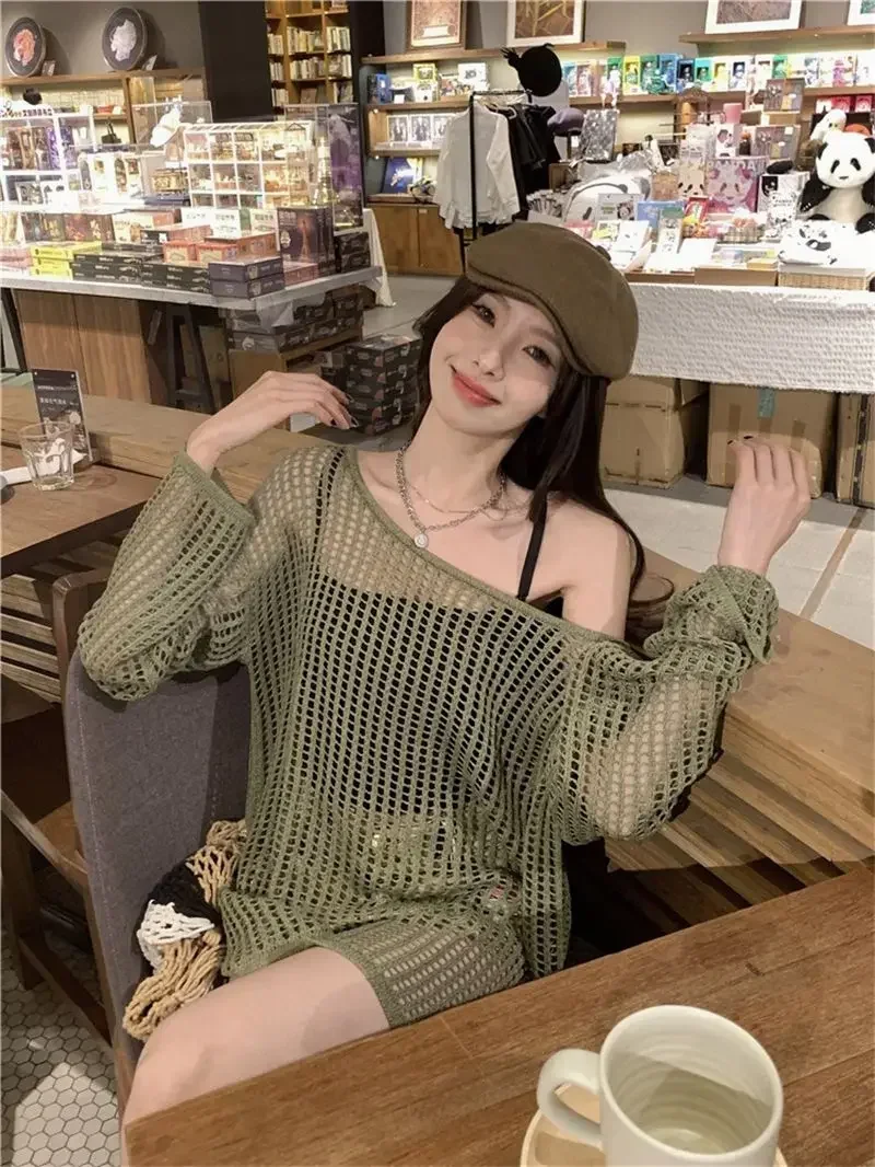 Y2K Hollow Out Crop Top Knitted Retro Long Sleeve T Shirt Women Summer Sun Protection Breathable Cardigans Patched Tee