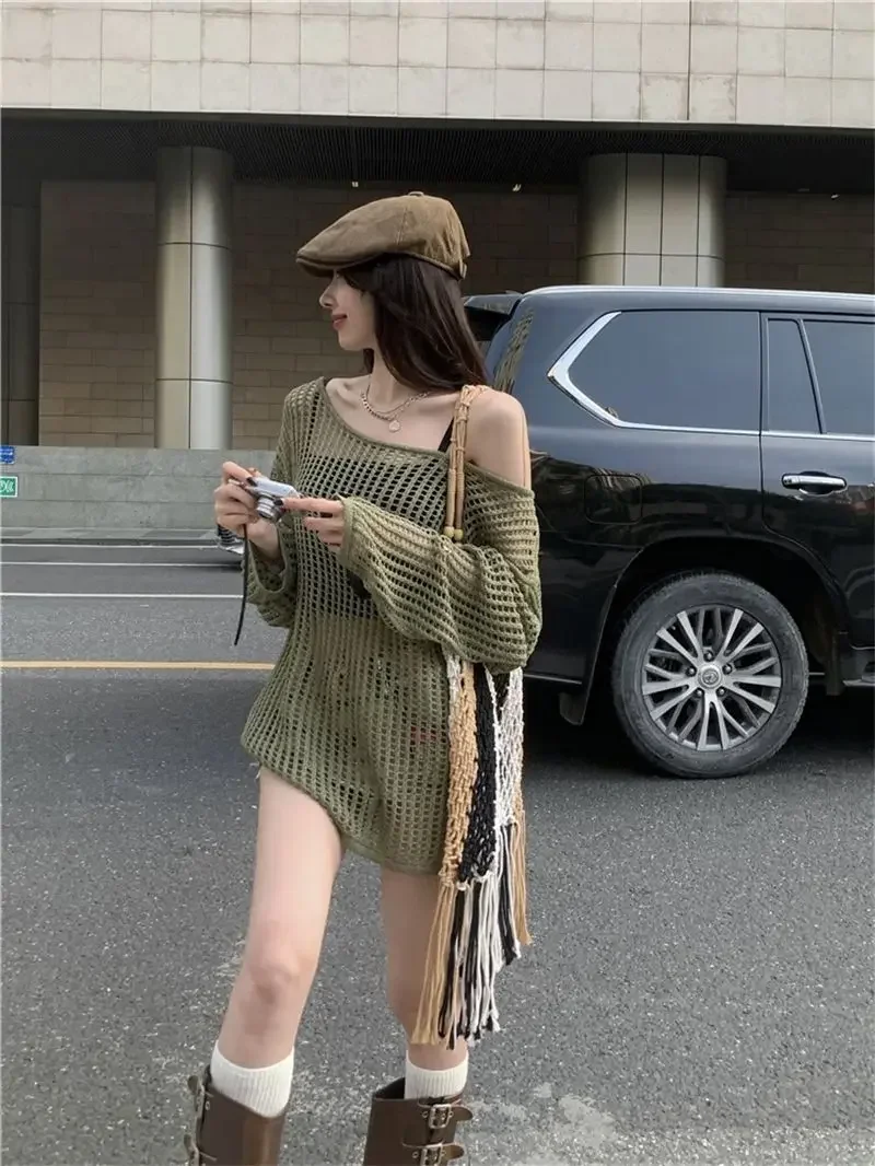 Y2K Hollow Out Crop Top Knitted Retro Long Sleeve T Shirt Women Summer Sun Protection Breathable Cardigans Patched Tee