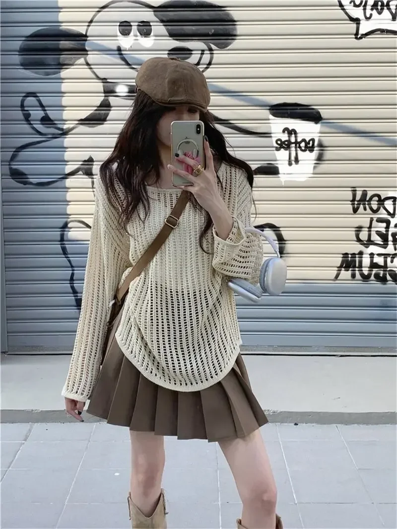 Y2K Hollow Out Crop Top Knitted Retro Long Sleeve T Shirt Women Summer Sun Protection Breathable Cardigans Patched Tee