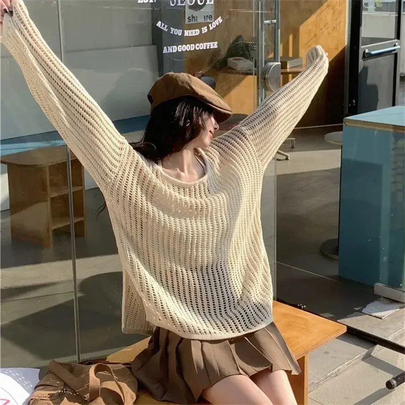 Y2K Hollow Out Crop Top Knitted Retro Long Sleeve T Shirt Women Summer Sun Protection Breathable Cardigans Patched Tee