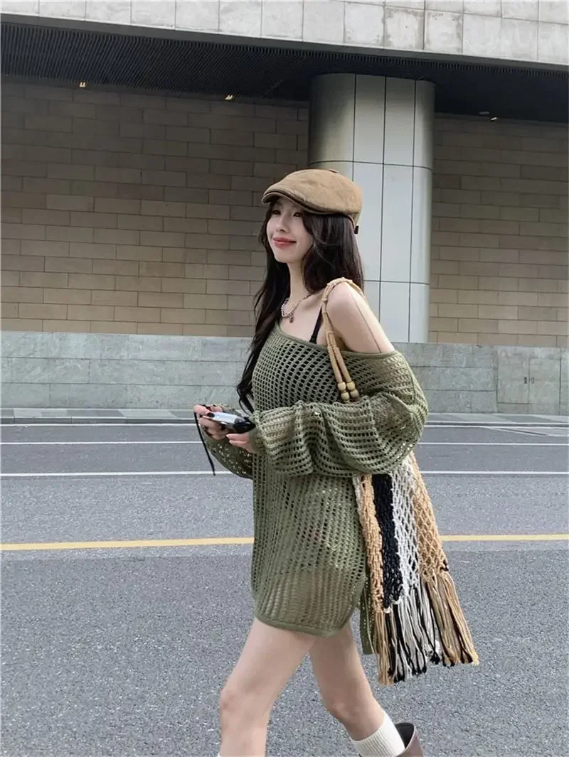 Y2K Hollow Out Crop Top Knitted Retro Long Sleeve T Shirt Women Summer Sun Protection Breathable Cardigans Patched Tee