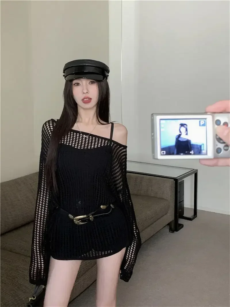 Y2K Hollow Out Crop Top Knitted Retro Long Sleeve T Shirt Women Summer Sun Protection Breathable Cardigans Patched Tee