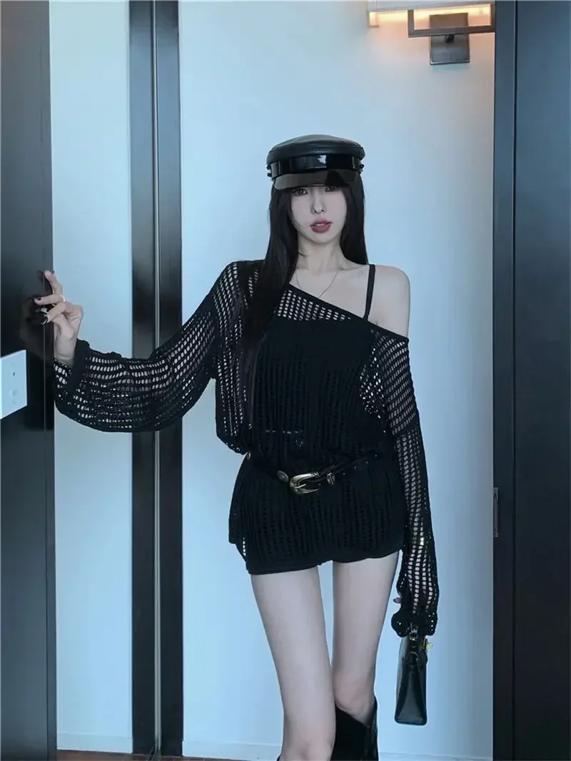 Y2K Hollow Out Crop Top Knitted Retro Long Sleeve T Shirt Women Summer Sun Protection Breathable Cardigans Patched Tee
