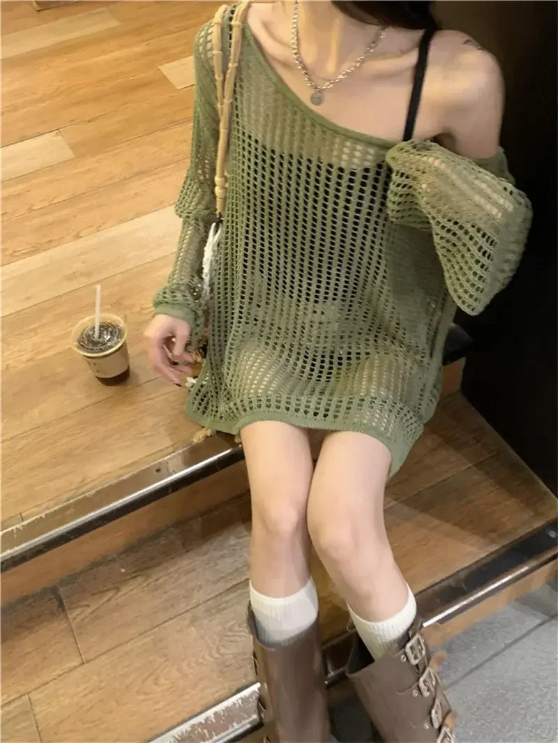 Y2K Hollow Out Crop Top Knitted Retro Long Sleeve T Shirt Women Summer Sun Protection Breathable Cardigans Patched Tee