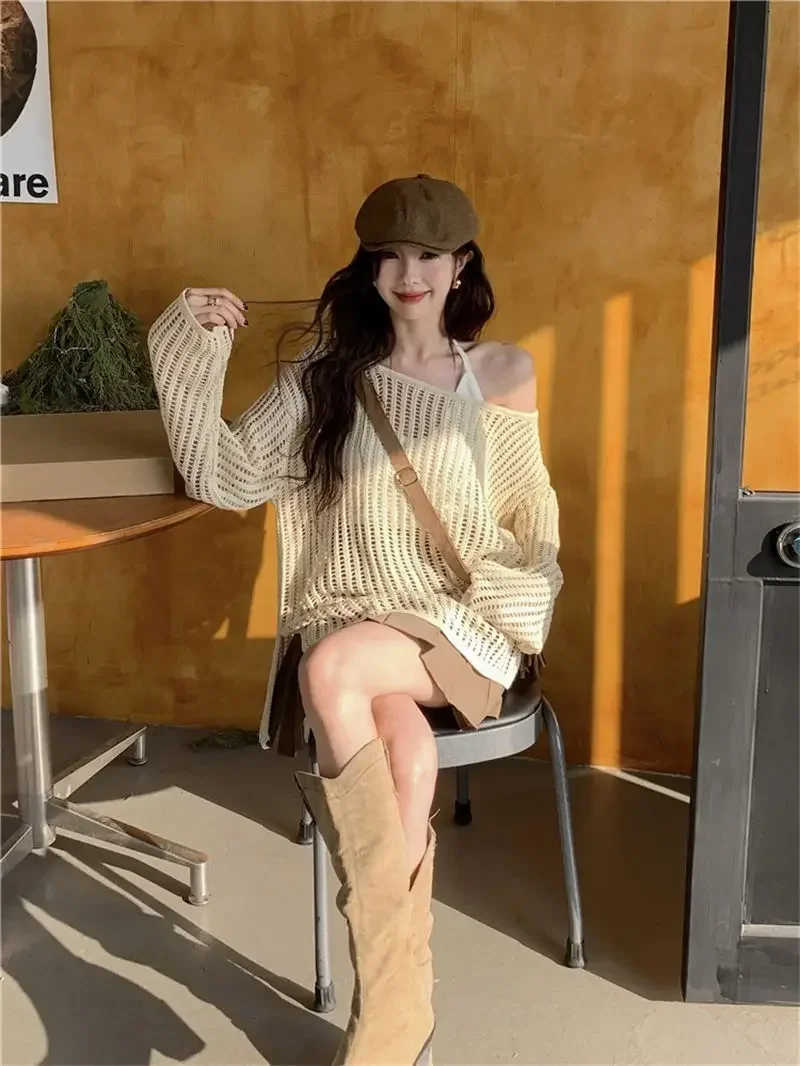 Y2K Hollow Out Crop Top Knitted Retro Long Sleeve T Shirt Women Summer Sun Protection Breathable Cardigans Patched Tee
