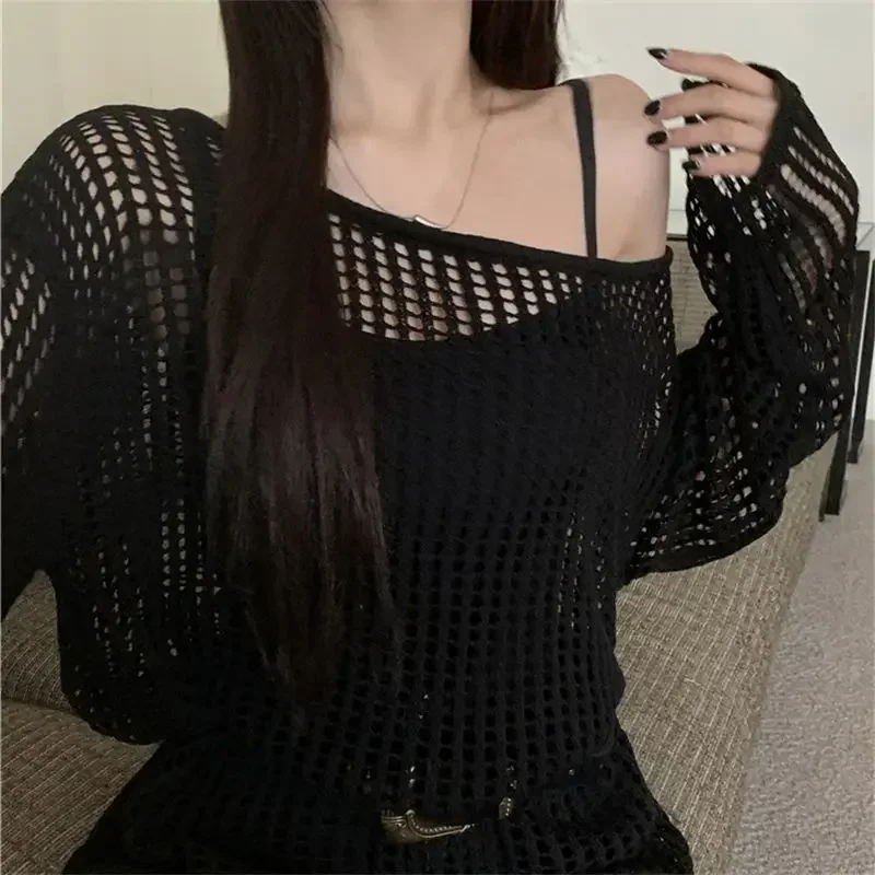 Y2K Hollow Out Crop Top Knitted Retro Long Sleeve T Shirt Women Summer Sun Protection Breathable Cardigans Patched Tee