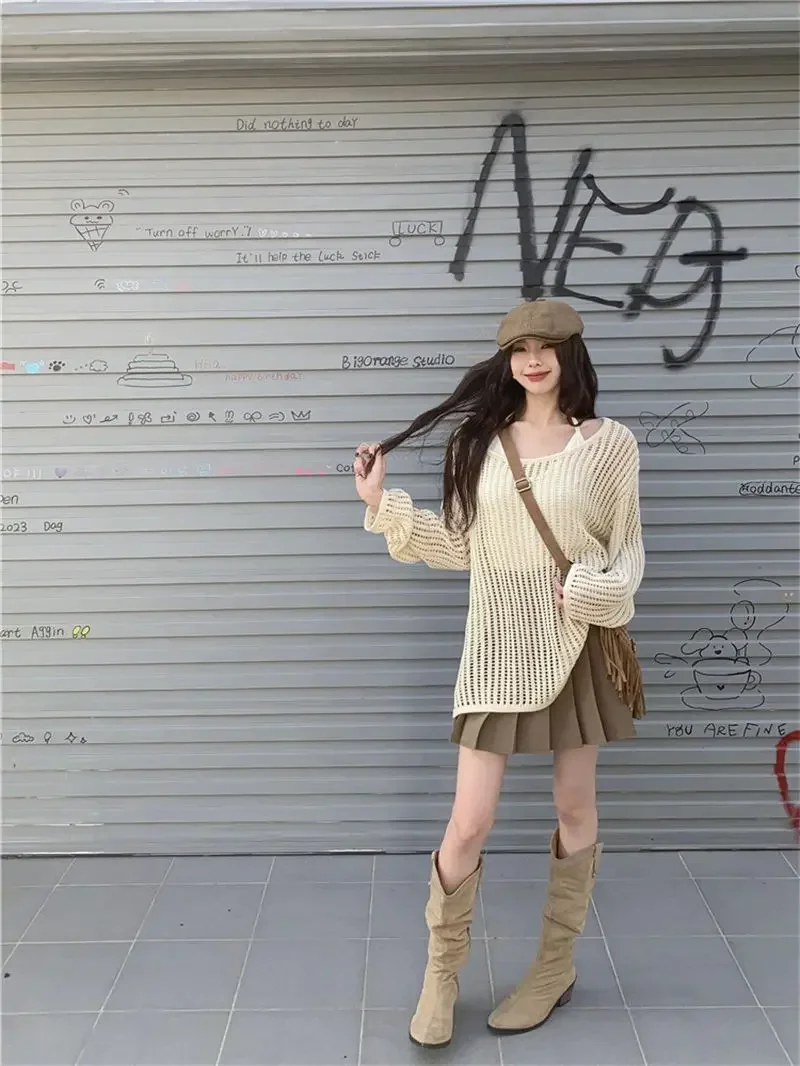 Y2K Hollow Out Crop Top Knitted Retro Long Sleeve T Shirt Women Summer Sun Protection Breathable Cardigans Patched Tee
