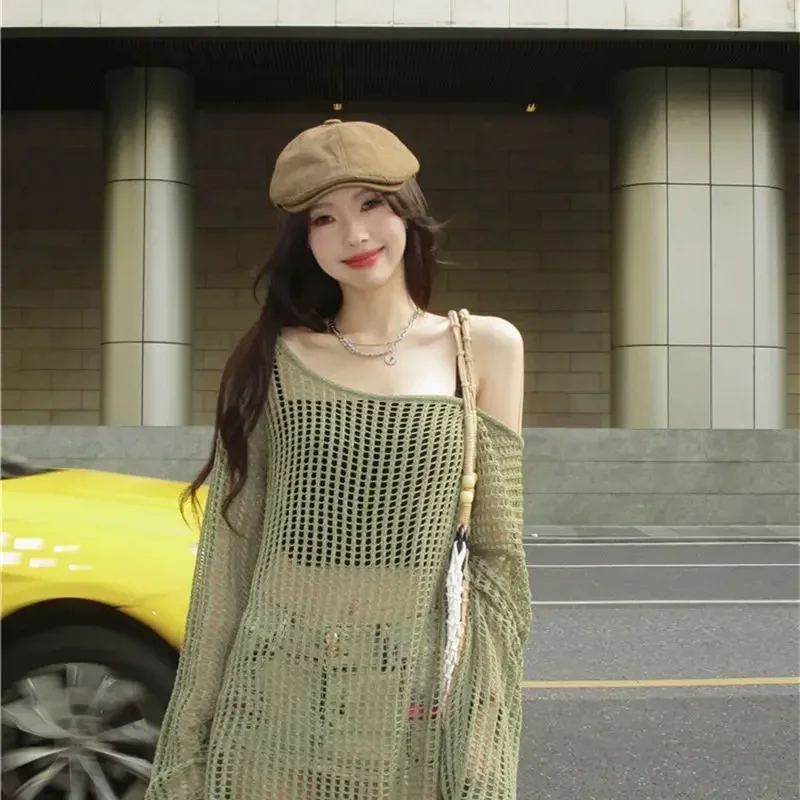 Y2K Hollow Out Crop Top Knitted Retro Long Sleeve T Shirt Women Summer Sun Protection Breathable Cardigans Patched Tee