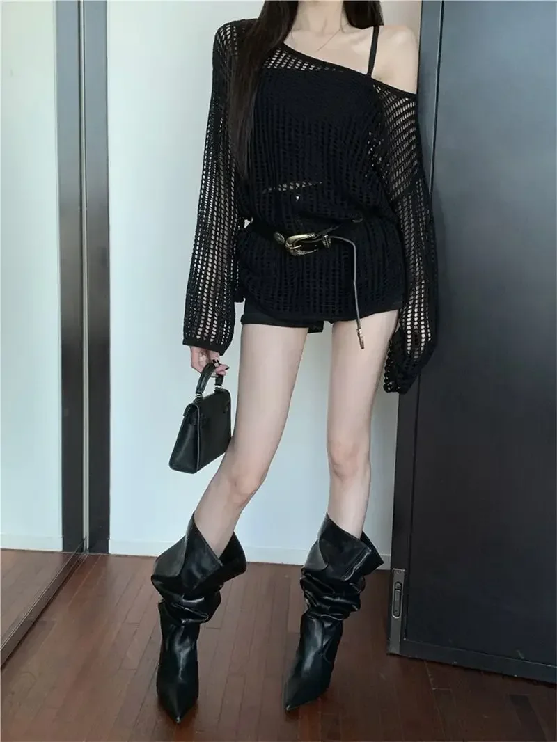 Y2K Hollow Out Crop Top Knitted Retro Long Sleeve T Shirt Women Summer Sun Protection Breathable Cardigans Patched Tee