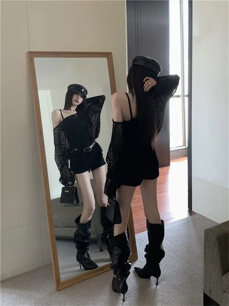 Y2K Hollow Out Crop Top Knitted Retro Long Sleeve T Shirt Women Summer Sun Protection Breathable Cardigans Patched Tee