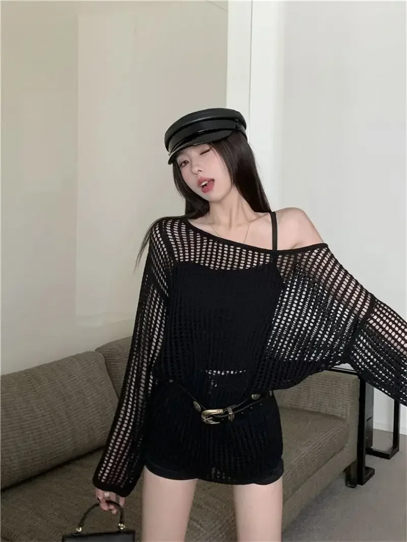 Y2K Hollow Out Crop Top Knitted Retro Long Sleeve T Shirt Women Summer Sun Protection Breathable Cardigans Patched Tee