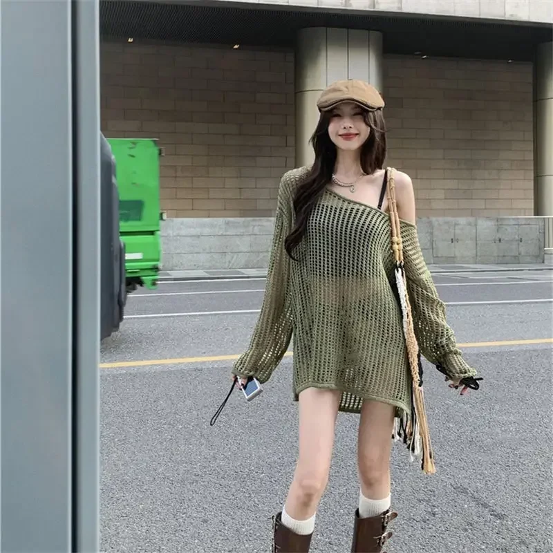 Y2K Hollow Out Crop Top Knitted Retro Long Sleeve T Shirt Women Summer Sun Protection Breathable Cardigans Patched Tee