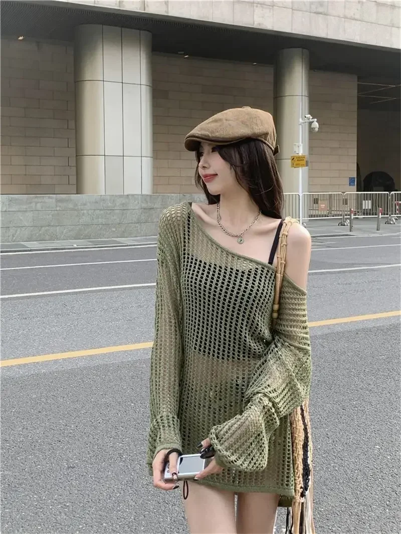 Y2K Hollow Out Crop Top Knitted Retro Long Sleeve T Shirt Women Summer Sun Protection Breathable Cardigans Patched Tee