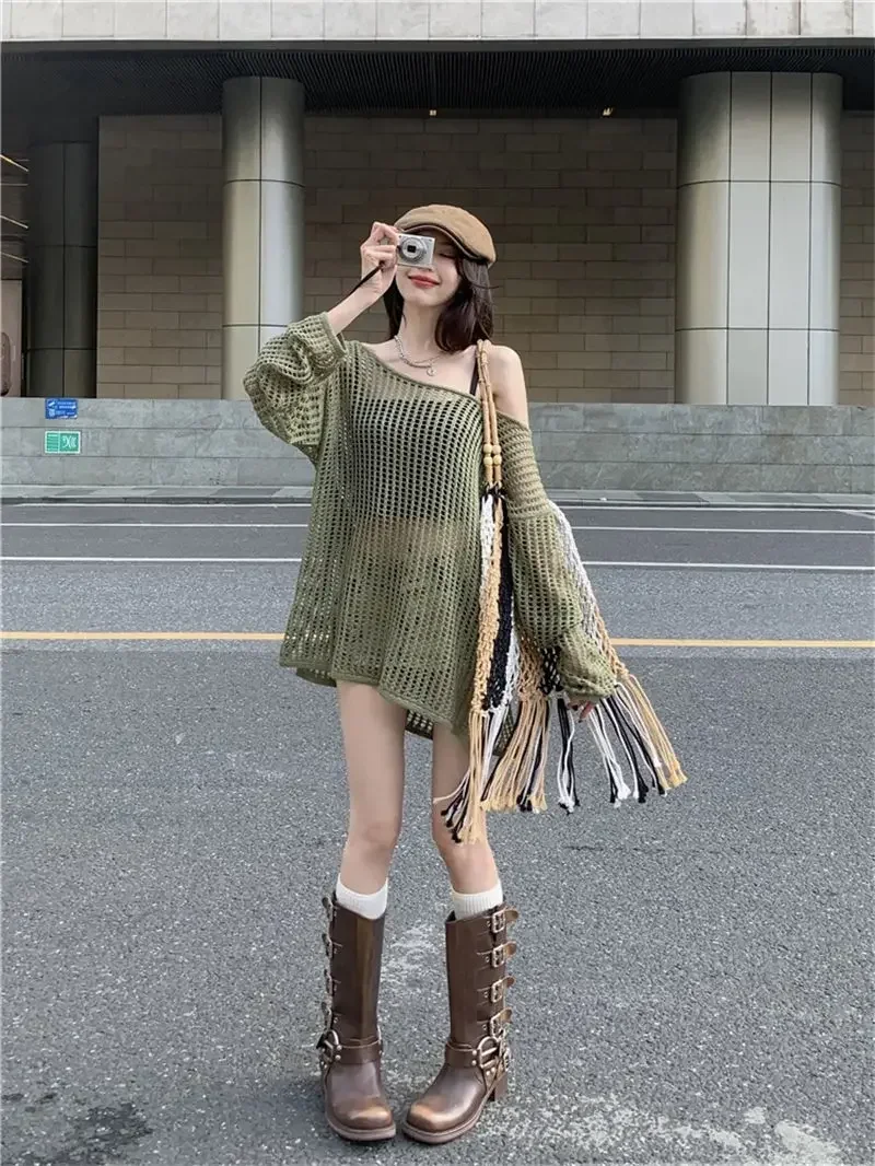 Y2K Hollow Out Crop Top Knitted Retro Long Sleeve T Shirt Women Summer Sun Protection Breathable Cardigans Patched Tee