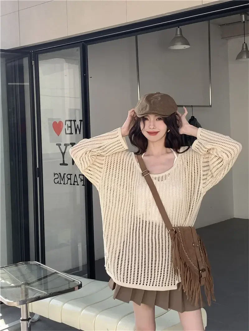 Y2K Hollow Out Crop Top Knitted Retro Long Sleeve T Shirt Women Summer Sun Protection Breathable Cardigans Patched Tee