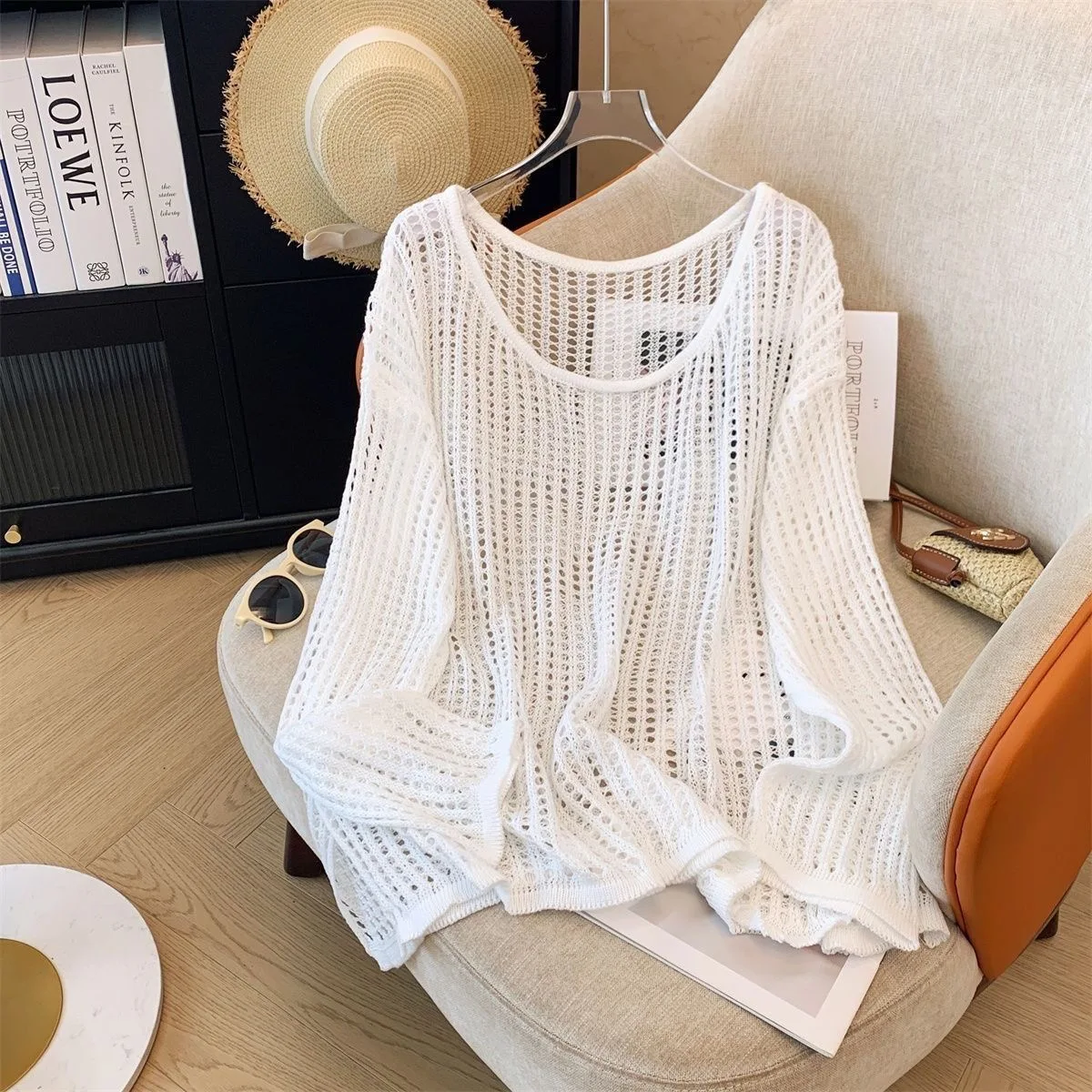 Y2K Hollow Out Crop Top Knitted Retro Long Sleeve T Shirt Women Summer Sun Protection Breathable Cardigans Patched Tee