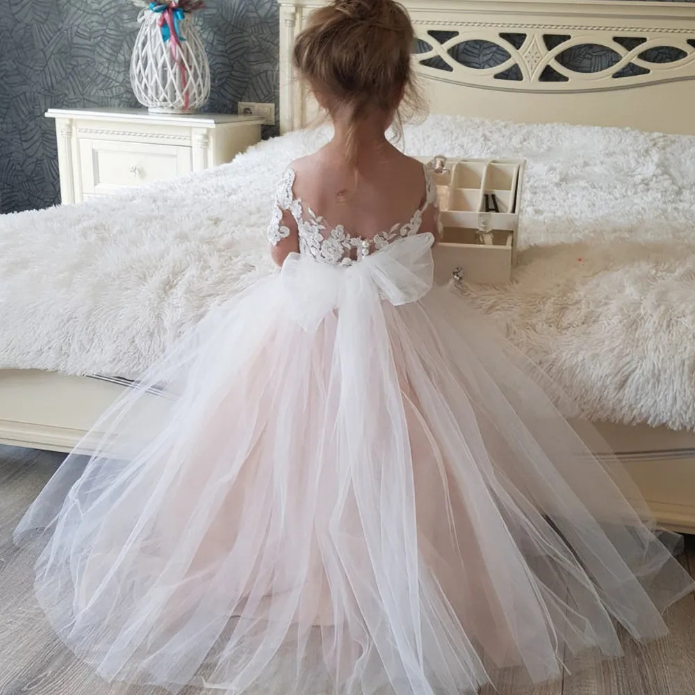 Cute Flower Girl Dresses for Wedding Big Bow Appliques Long Little Pageant Gowns Girls White Tulle First Communion Gowns