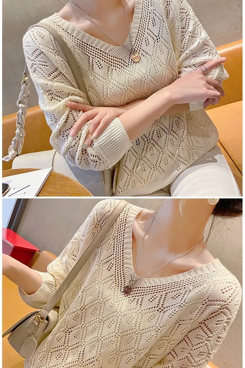 Women's Sweater Fashion V-neck Crochet Hollow Knit Sweater Autumn Thin Loose Bat Shirt Short Paragraph Ladies Tops Korean Jumper