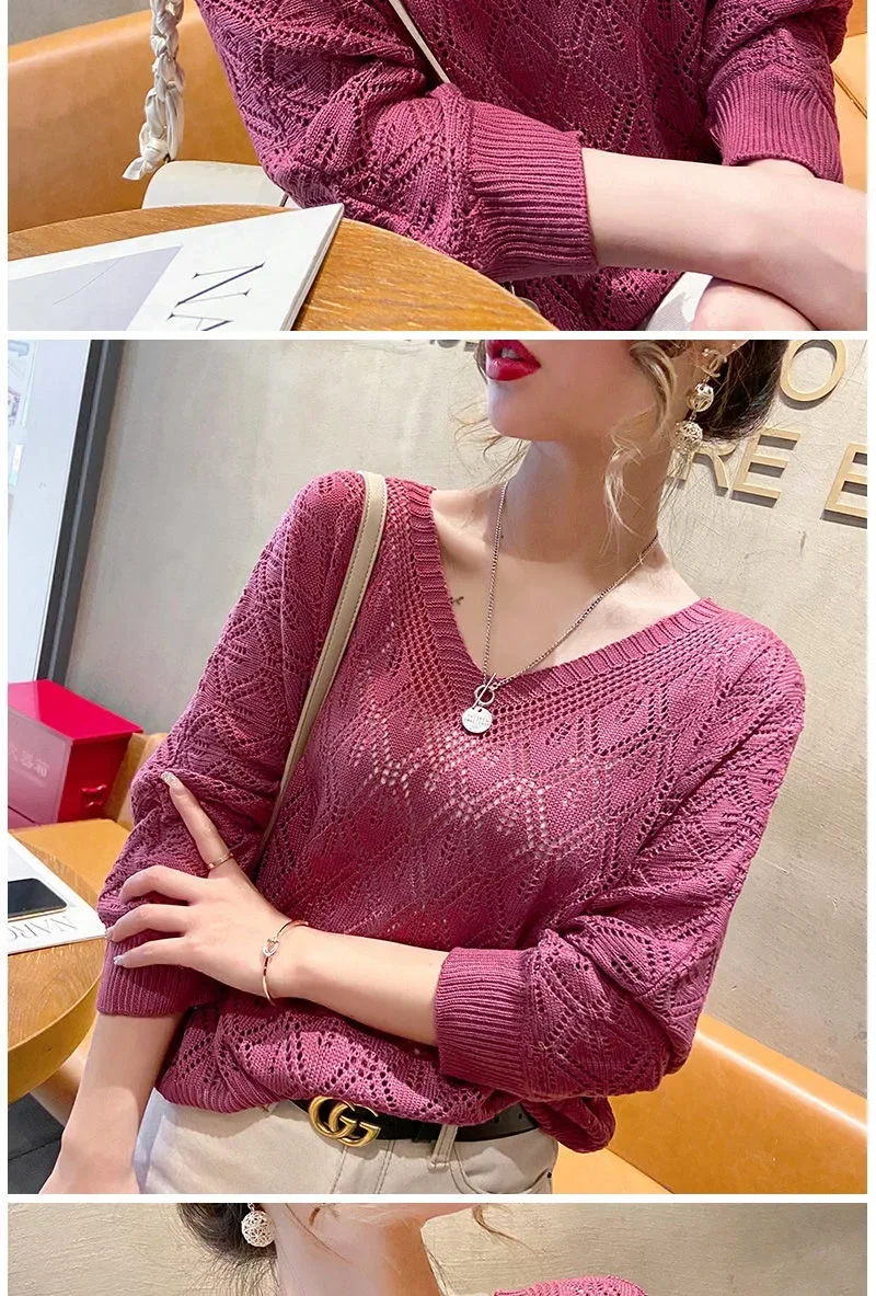 Women's Sweater Fashion V-neck Crochet Hollow Knit Sweater Autumn Thin Loose Bat Shirt Short Paragraph Ladies Tops Korean Jumper