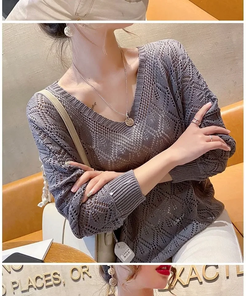 Women's Sweater Fashion V-neck Crochet Hollow Knit Sweater Autumn Thin Loose Bat Shirt Short Paragraph Ladies Tops Korean Jumper