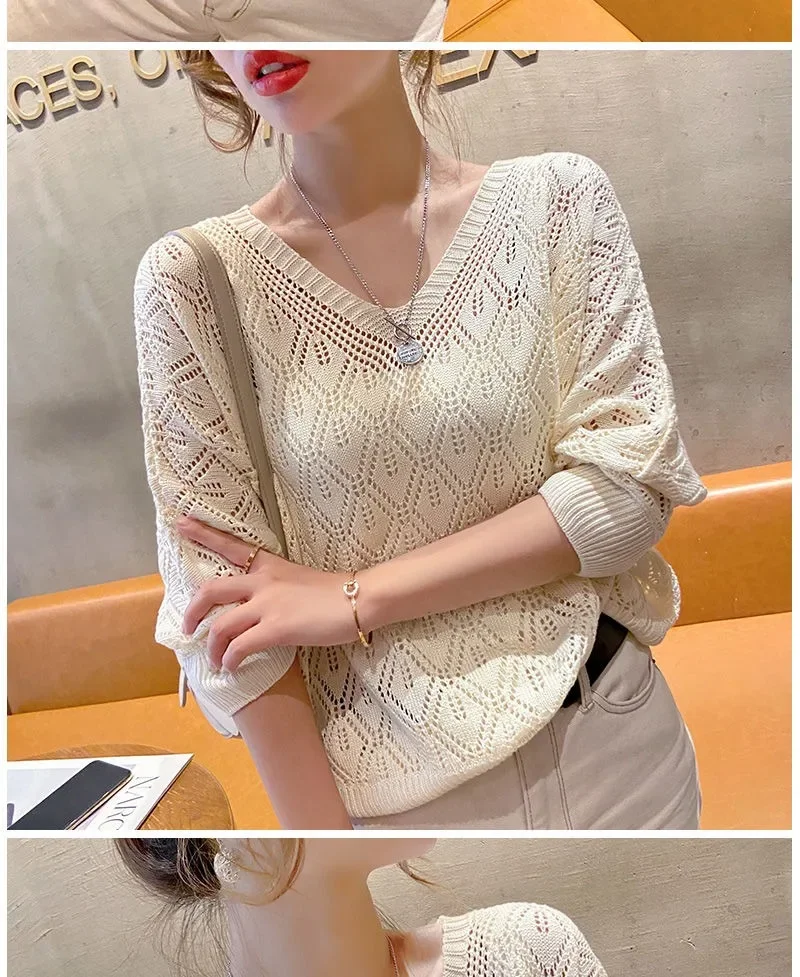 Women's Sweater Fashion V-neck Crochet Hollow Knit Sweater Autumn Thin Loose Bat Shirt Short Paragraph Ladies Tops Korean Jumper