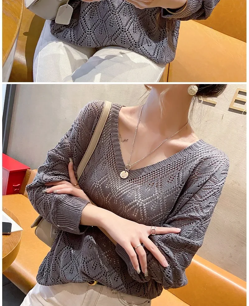 Women's Sweater Fashion V-neck Crochet Hollow Knit Sweater Autumn Thin Loose Bat Shirt Short Paragraph Ladies Tops Korean Jumper