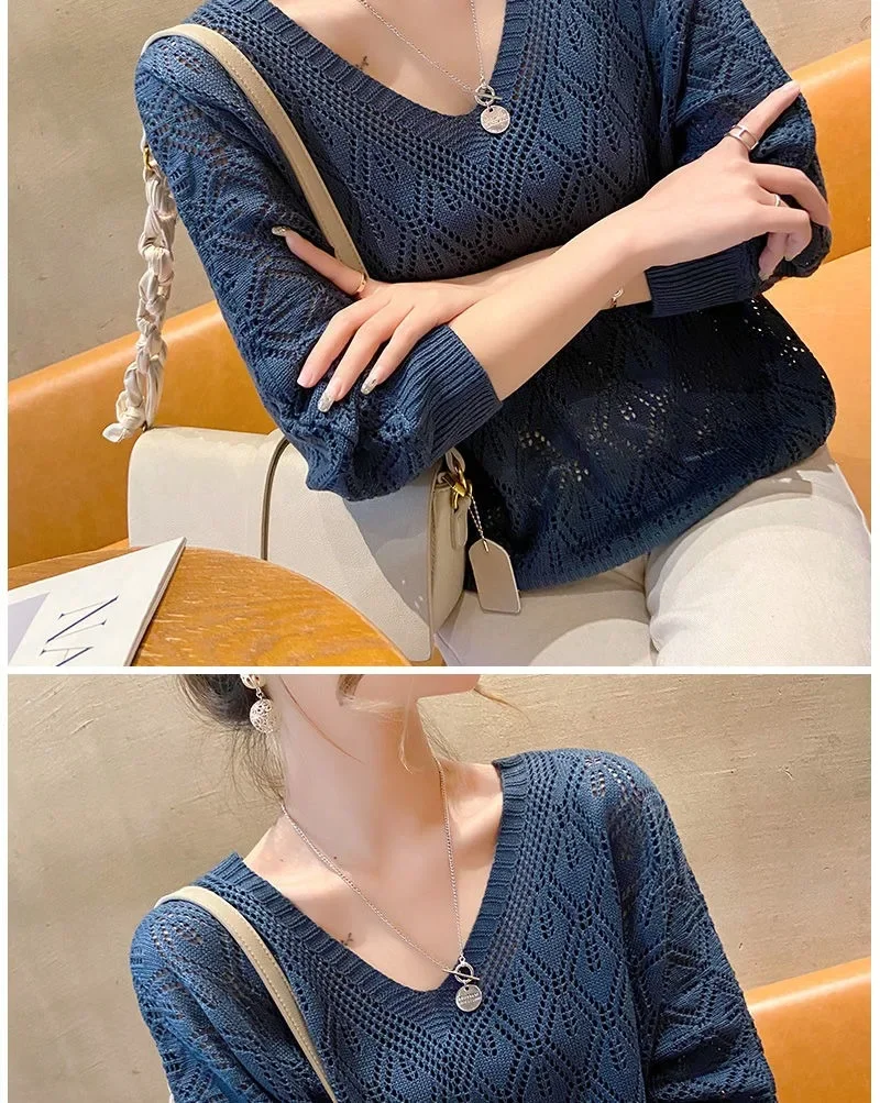 Women's Sweater Fashion V-neck Crochet Hollow Knit Sweater Autumn Thin Loose Bat Shirt Short Paragraph Ladies Tops Korean Jumper
