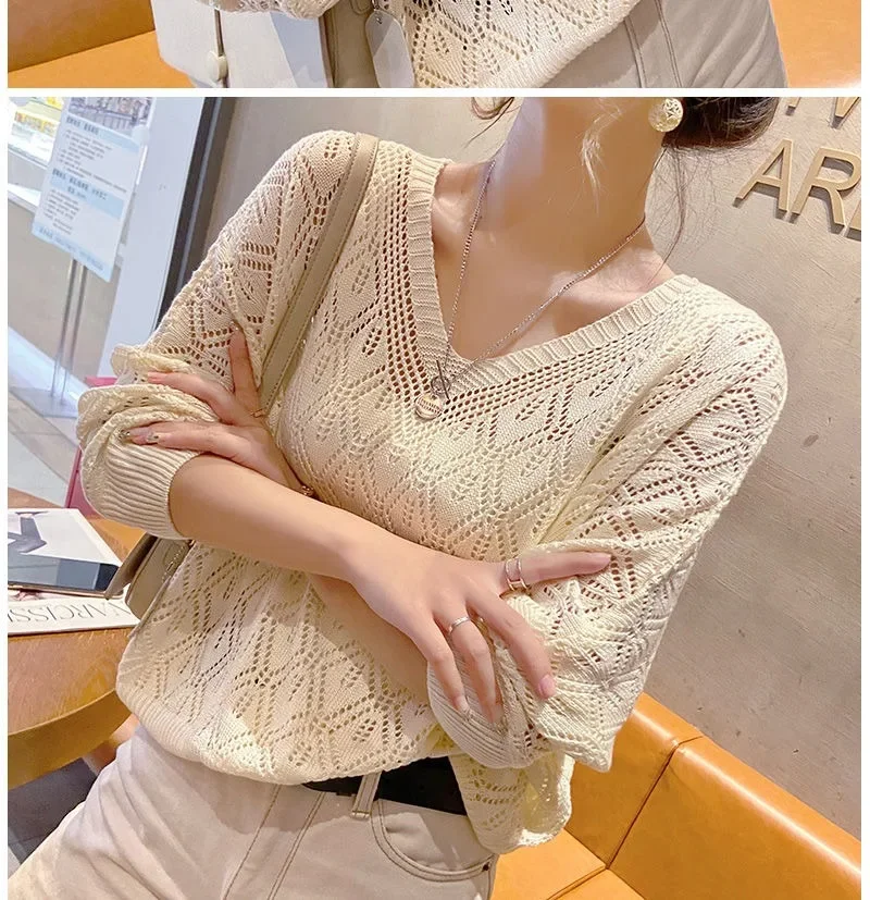 Women's Sweater Fashion V-neck Crochet Hollow Knit Sweater Autumn Thin Loose Bat Shirt Short Paragraph Ladies Tops Korean Jumper
