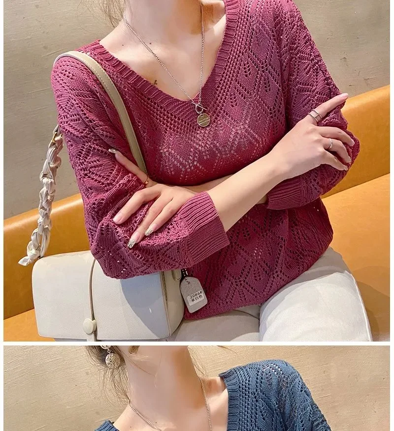Women's Sweater Fashion V-neck Crochet Hollow Knit Sweater Autumn Thin Loose Bat Shirt Short Paragraph Ladies Tops Korean Jumper