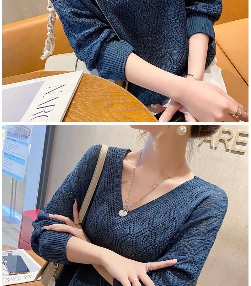 Women's Sweater Fashion V-neck Crochet Hollow Knit Sweater Autumn Thin Loose Bat Shirt Short Paragraph Ladies Tops Korean Jumper