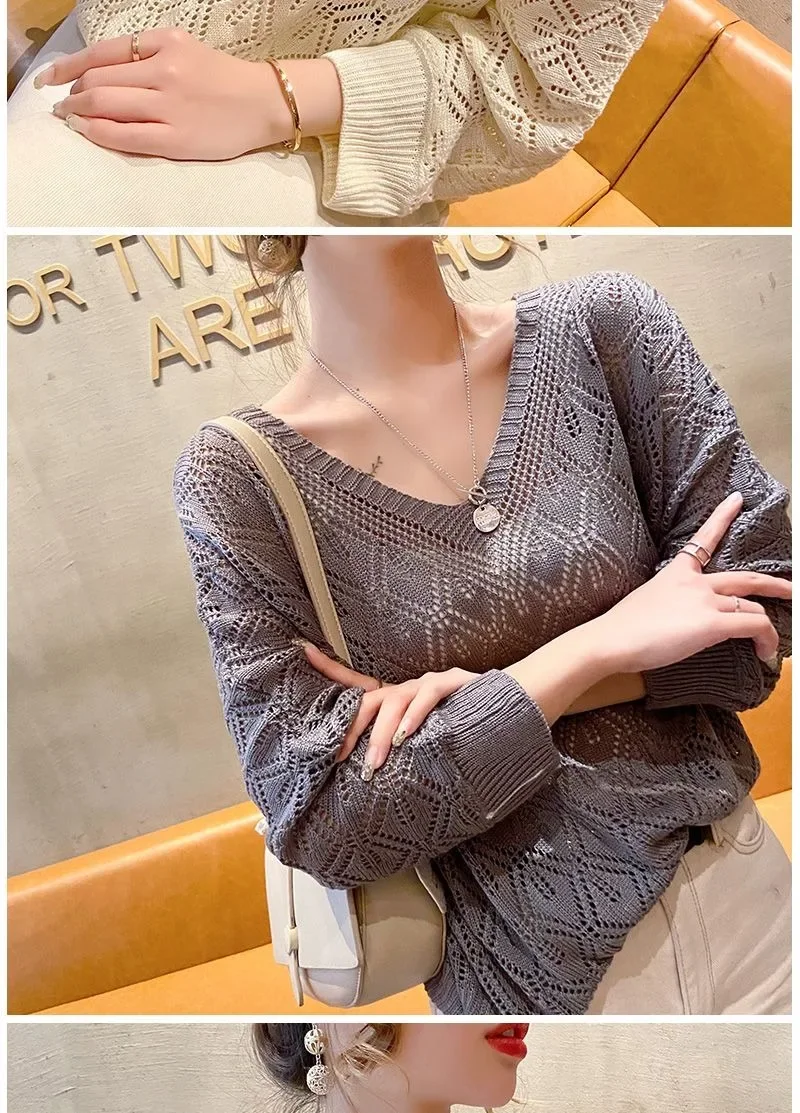 Women's Sweater Fashion V-neck Crochet Hollow Knit Sweater Autumn Thin Loose Bat Shirt Short Paragraph Ladies Tops Korean Jumper