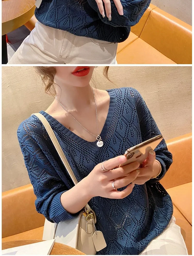 Women's Sweater Fashion V-neck Crochet Hollow Knit Sweater Autumn Thin Loose Bat Shirt Short Paragraph Ladies Tops Korean Jumper