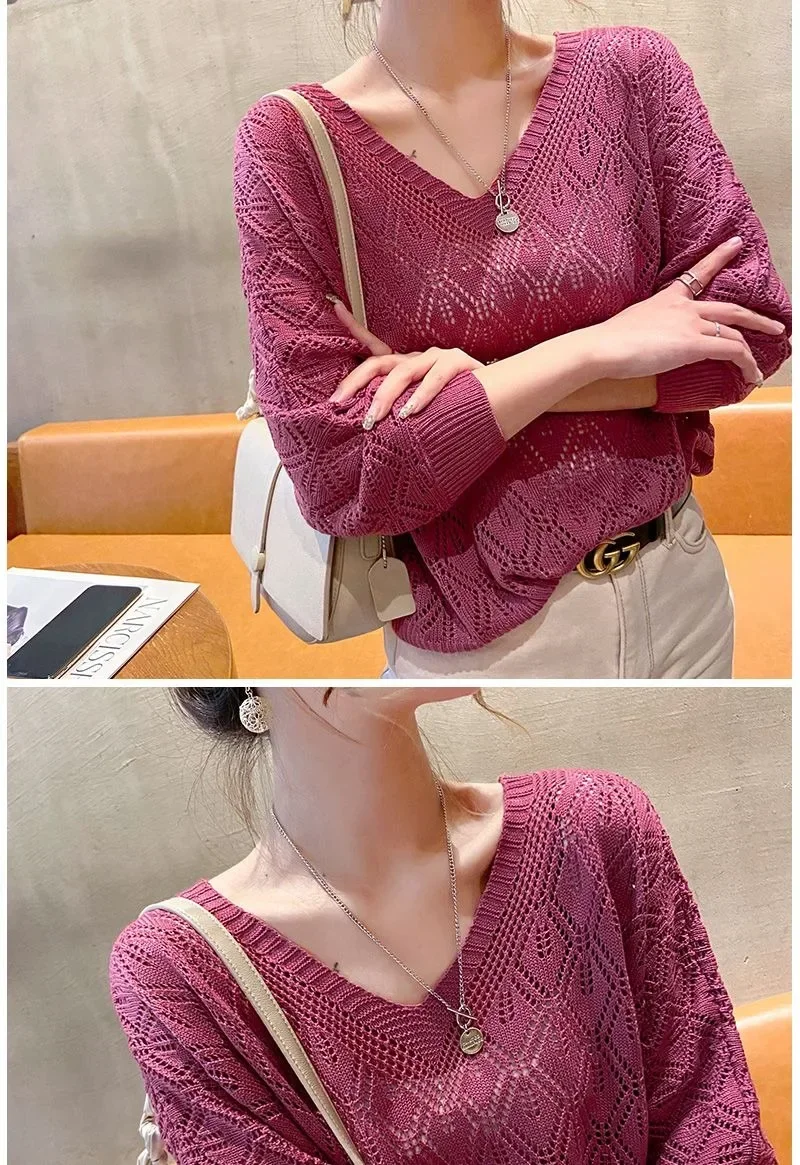 Women's Sweater Fashion V-neck Crochet Hollow Knit Sweater Autumn Thin Loose Bat Shirt Short Paragraph Ladies Tops Korean Jumper
