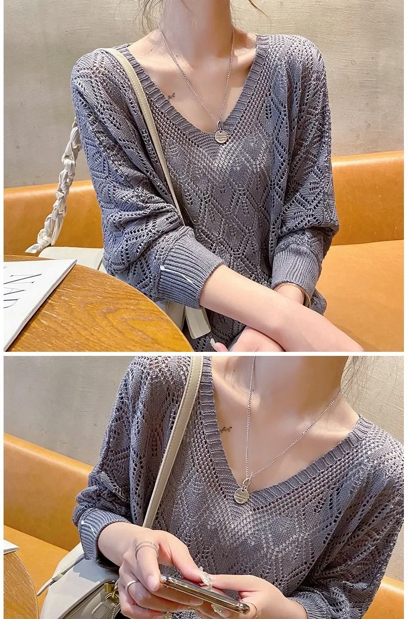 Women's Sweater Fashion V-neck Crochet Hollow Knit Sweater Autumn Thin Loose Bat Shirt Short Paragraph Ladies Tops Korean Jumper