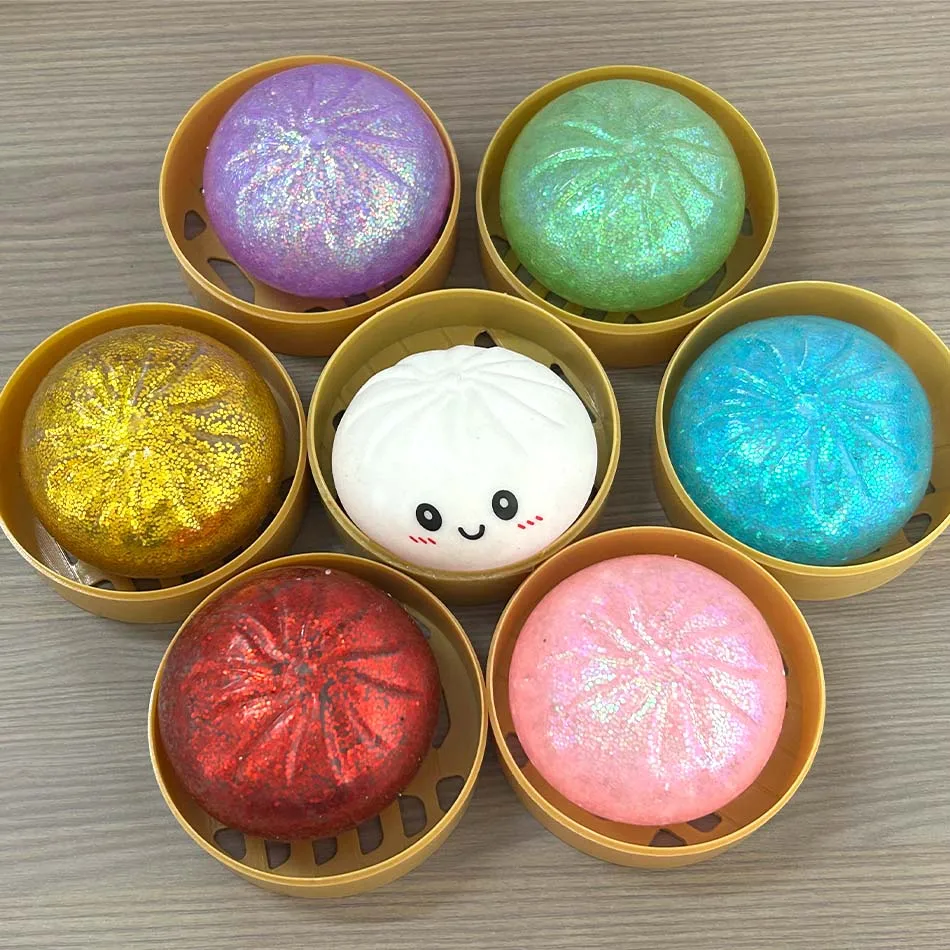 Colorful Dumpling Squishes Stress Balls Fidget Sensory Toys Simulation Food Squishies Bun with Steamer Squeeze Dough Ball Gifts