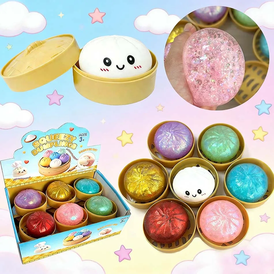 Colorful Dumpling Squishes Stress Balls Fidget Sensory Toys Simulation Food Squishies Bun with Steamer Squeeze Dough Ball Gifts