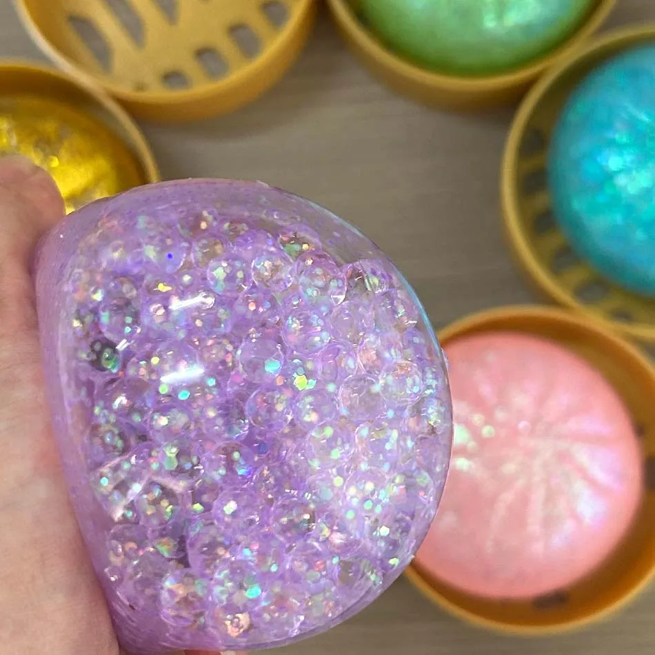 Colorful Dumpling Squishes Stress Balls Fidget Sensory Toys Simulation Food Squishies Bun with Steamer Squeeze Dough Ball Gifts