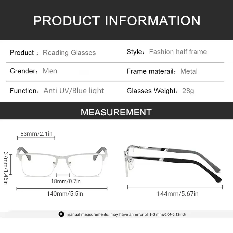 Men's Half-frame Business Reading Glasses Anti-blue Light Anti-fatigue Metal Frame Presbyopia Glasses +1.0 To +4.0