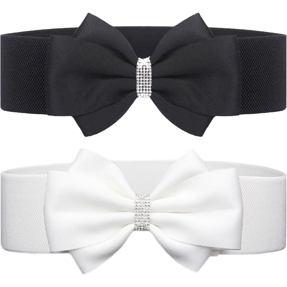 Women's Elastic Bow Belt Wide Rhinestone Stretch Belts Ladies Waist Accessories for Dress Jeans
